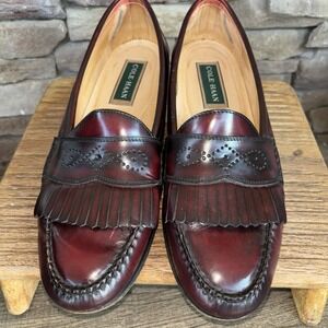 COLE HAAN Shoes Men 11 B Burgundy Wine Leather Kiltie Loafers With Punch Design